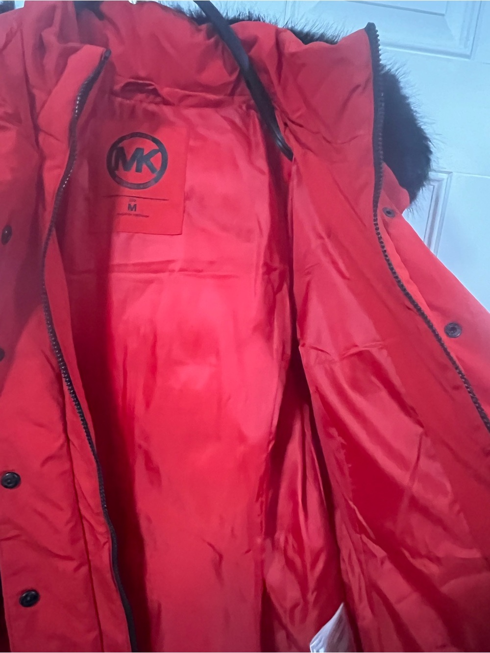 Michael Kors Bright Red Quilted Puffer Coat with Black Faux Fur Trim - Picture 4 of 5